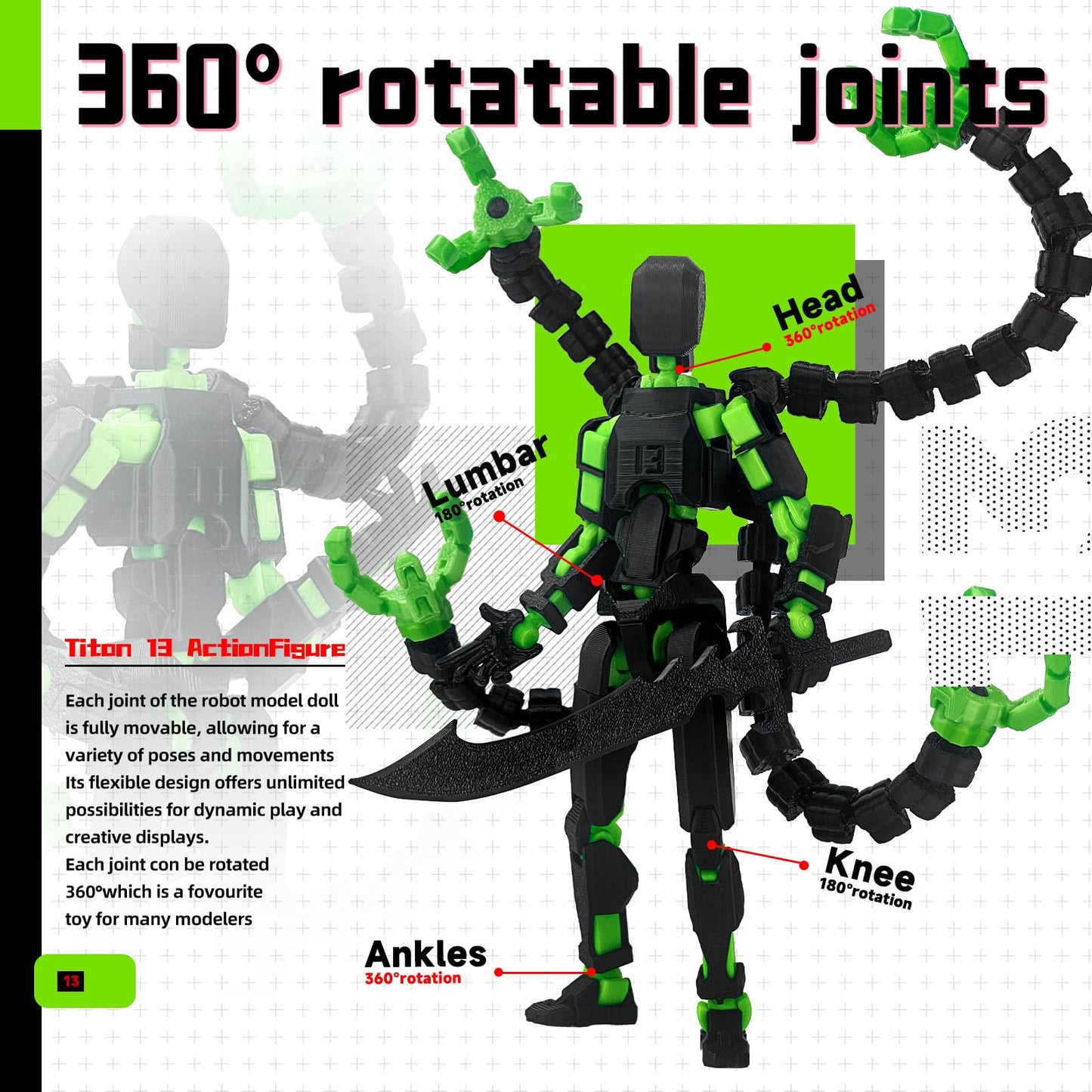 PkghoKids T13 Action Figure Accessories – Fully Articulated 3D-Printed Figure (Black-Green, 5.5in)