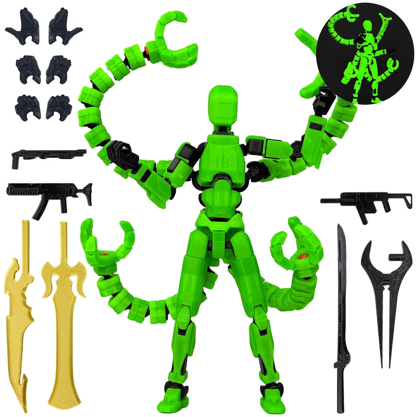 PkghoKids T13 Action Figure Accessories — Fully Jointed, 3D Printed, Luminous Green (7.2 Inch)