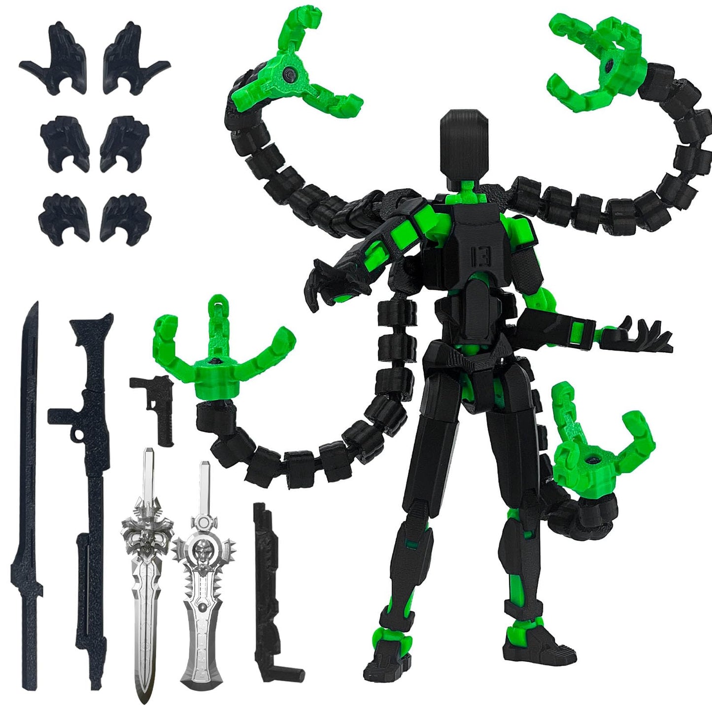 PkghoKids T13 Action Figure Accessories – Fully Articulated 3D-Printed Figure (Black-Green, 5.5in)