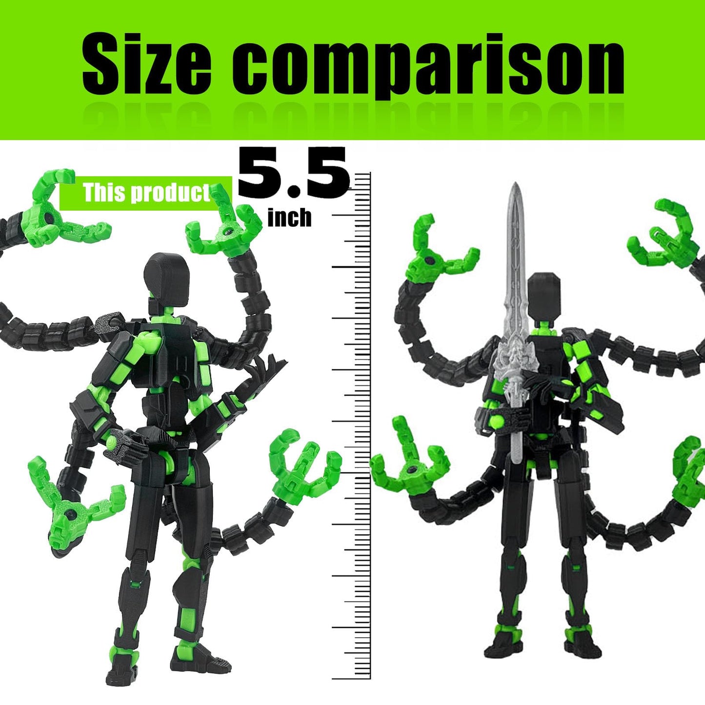 PkghoKids T13 Action Figure Accessories – Fully Articulated 3D-Printed Figure (Black-Green, 5.5in)