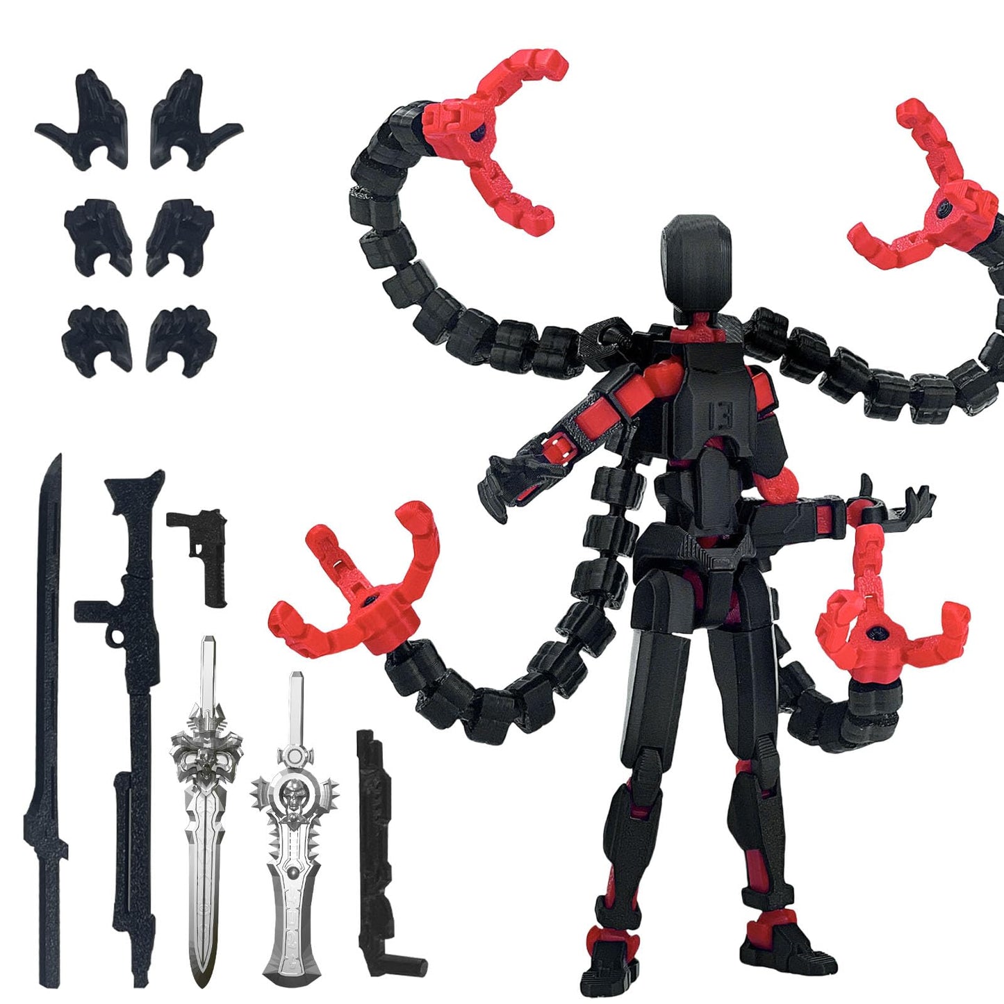 PkghoKids T13 Action Figure Accessories – Fully Articulated 3D Printed Toy, Black Red, 7.2in