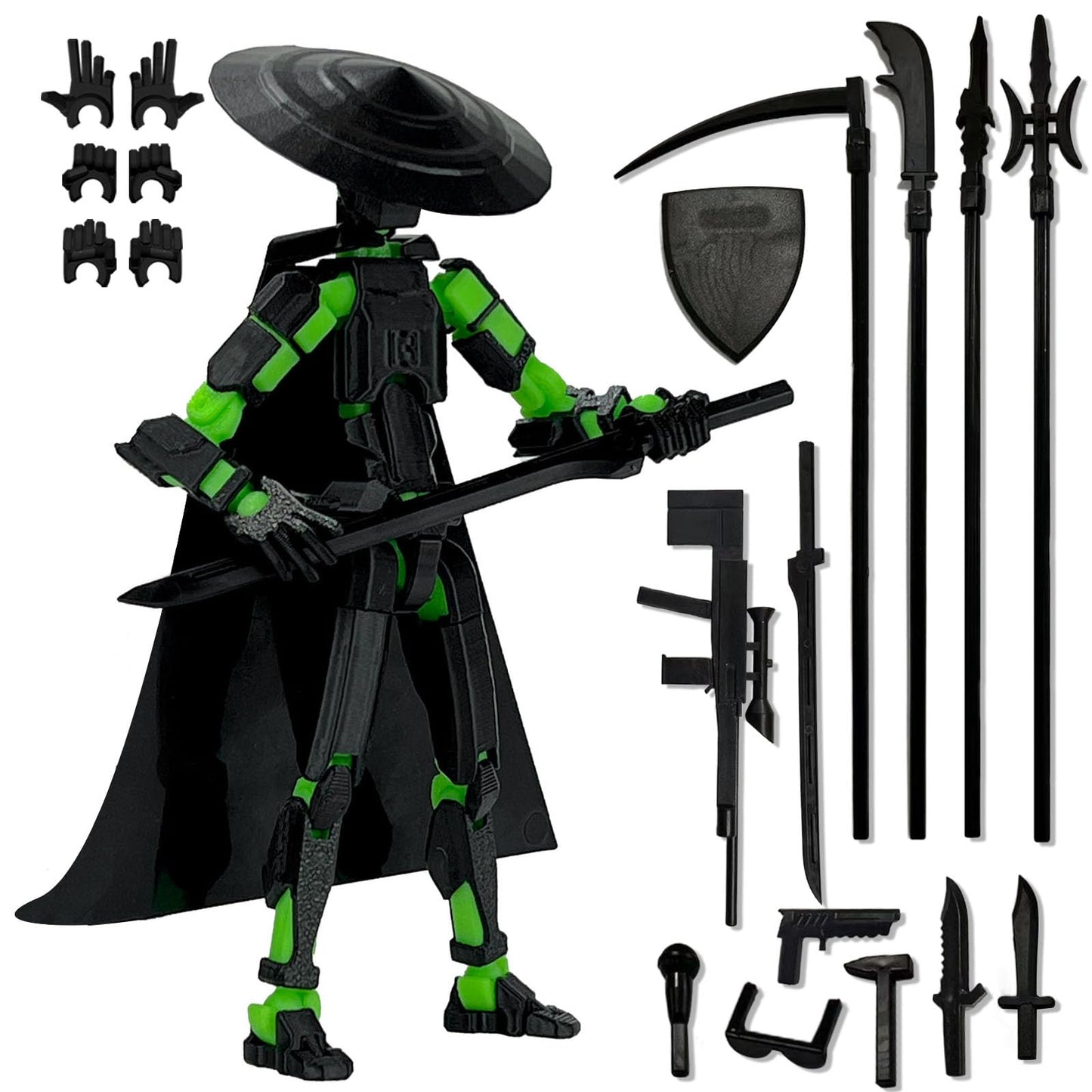 PkghoKids T13 Already Assembled Action Figure Accessories – Multi-Jointed 3D Printed Toys (Black Green)