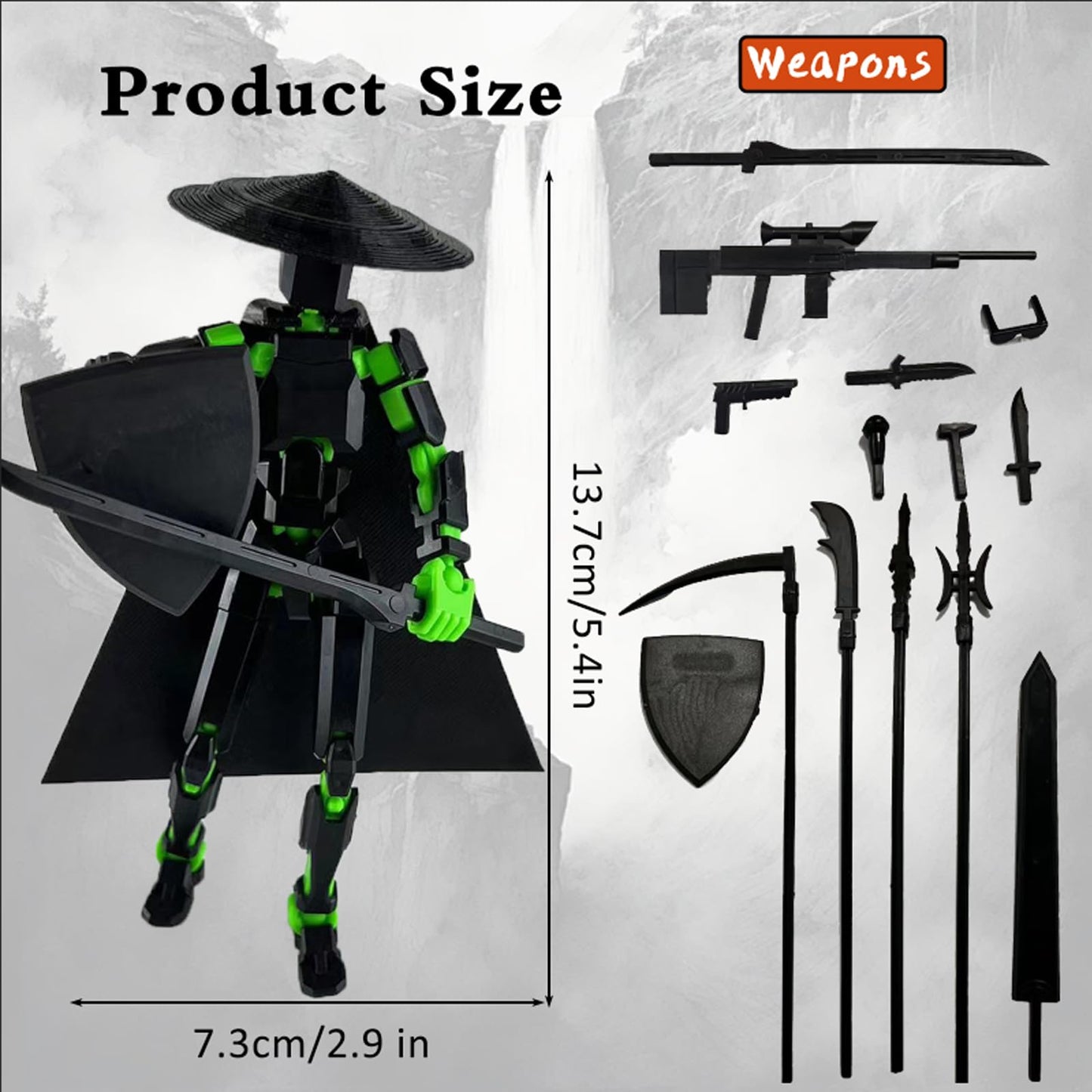 PkghoKids T13 Already Assembled Action Figure Accessories – Multi-Jointed 3D Printed Toys (Black Green)