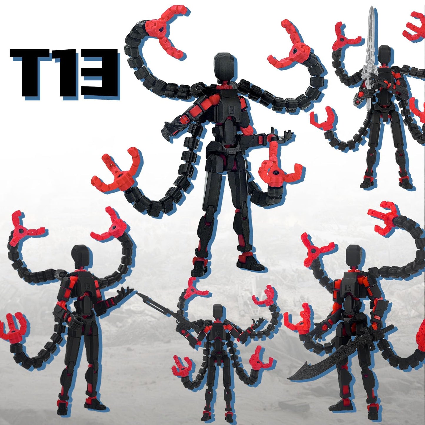 PkghoKids T13 Action Figure Accessories – Fully Articulated 3D Printed Toy, Black Red, 7.2in