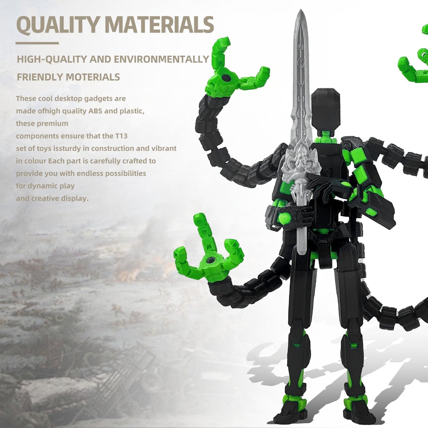PkghoKids T13 – Already Assembled, Fully Jointed Action Figure (7.2in) with 3 Hands & 5 Weapons