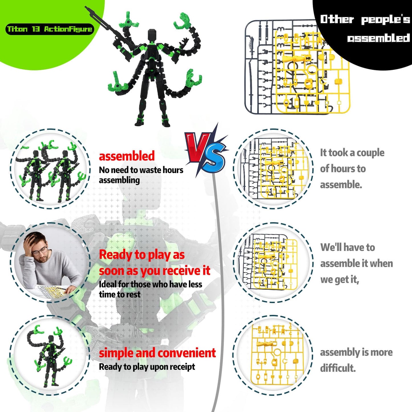 PkghoKids T13 Action Figure - Fully Articulated 3D Printed 5.5in Collectible (Black Green)