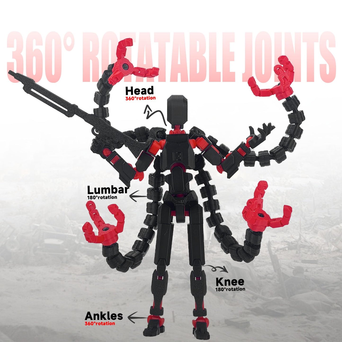 PkghoKids T13 Action Figure Accessories – Fully Articulated 3D Printed Toy, Black Red, 7.2in