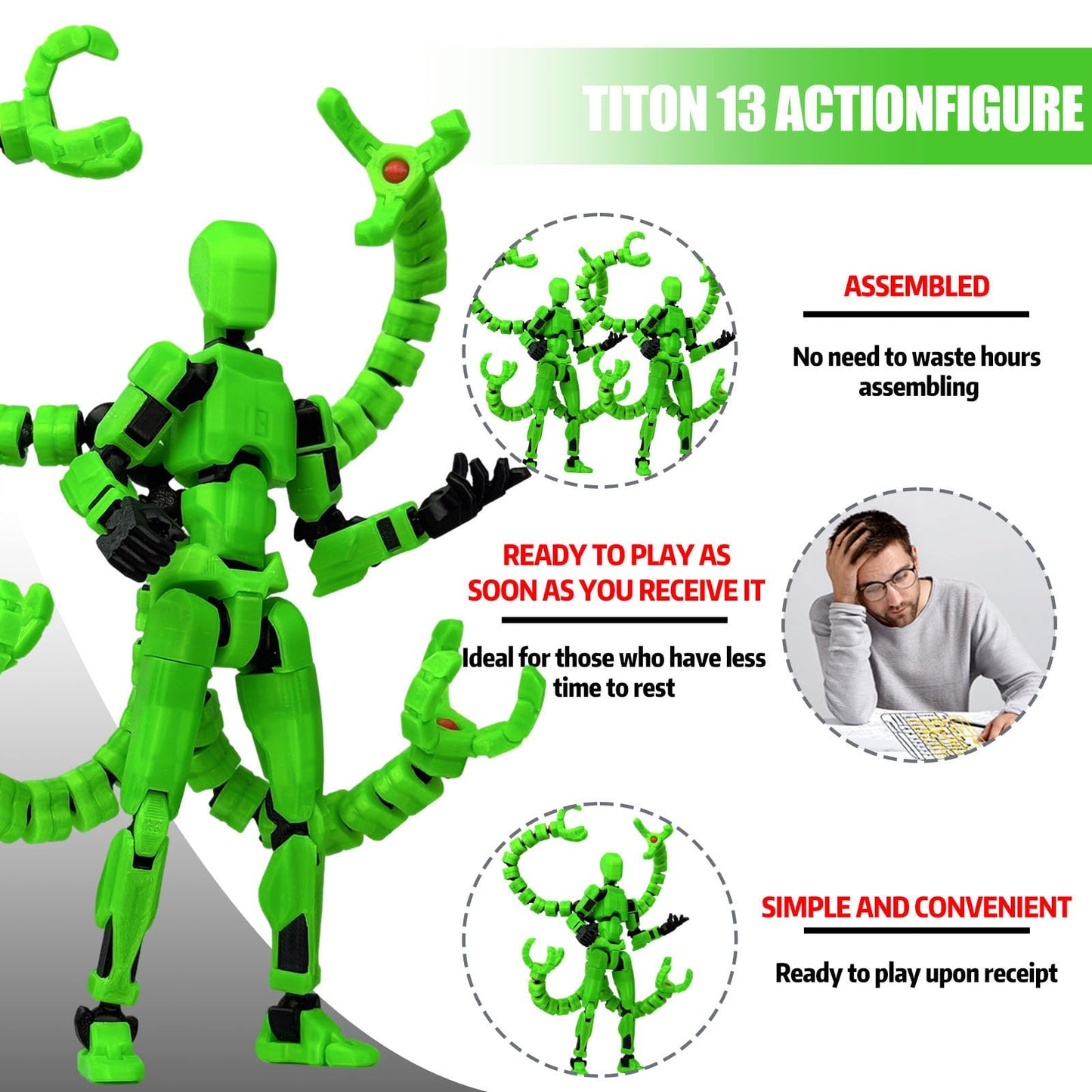 PkghoKids T13 Action Figure Accessories — Fully Jointed, 3D Printed, Luminous Green (7.2 Inch)