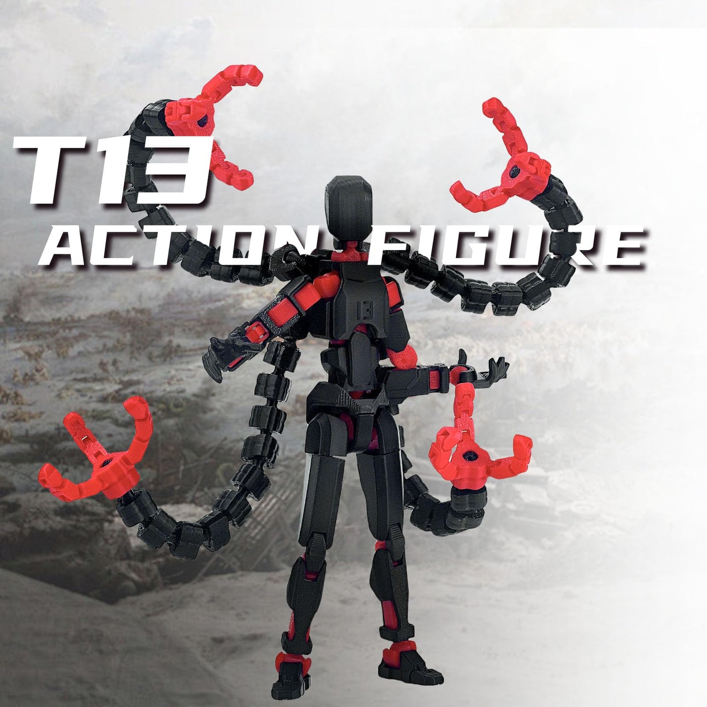 PkghoKids T13 Action Figure Accessories – Fully Articulated 3D Printed Toy, Black Red, 7.2in