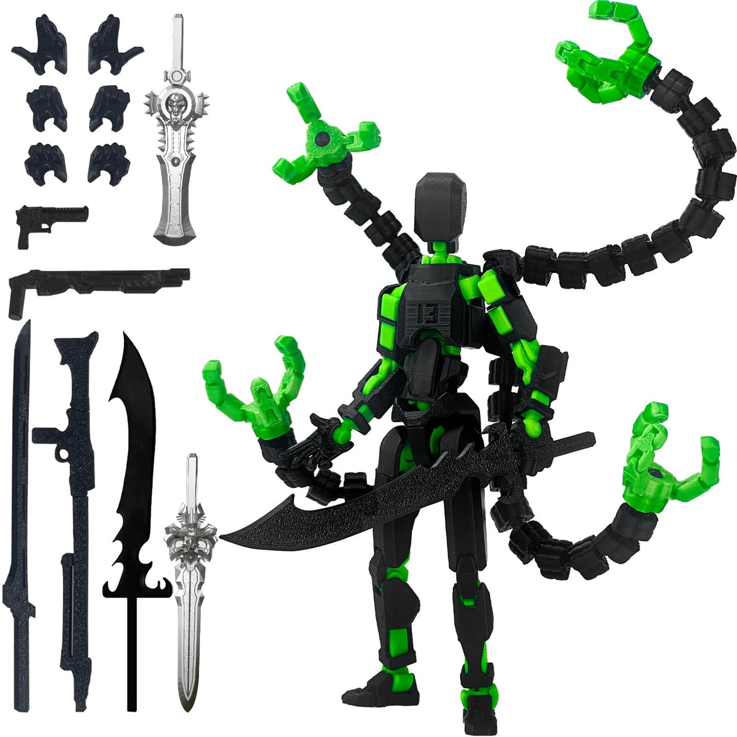 PkghoKids T13 Action Figure - Fully Articulated 3D Printed 5.5in Collectible (Black Green)