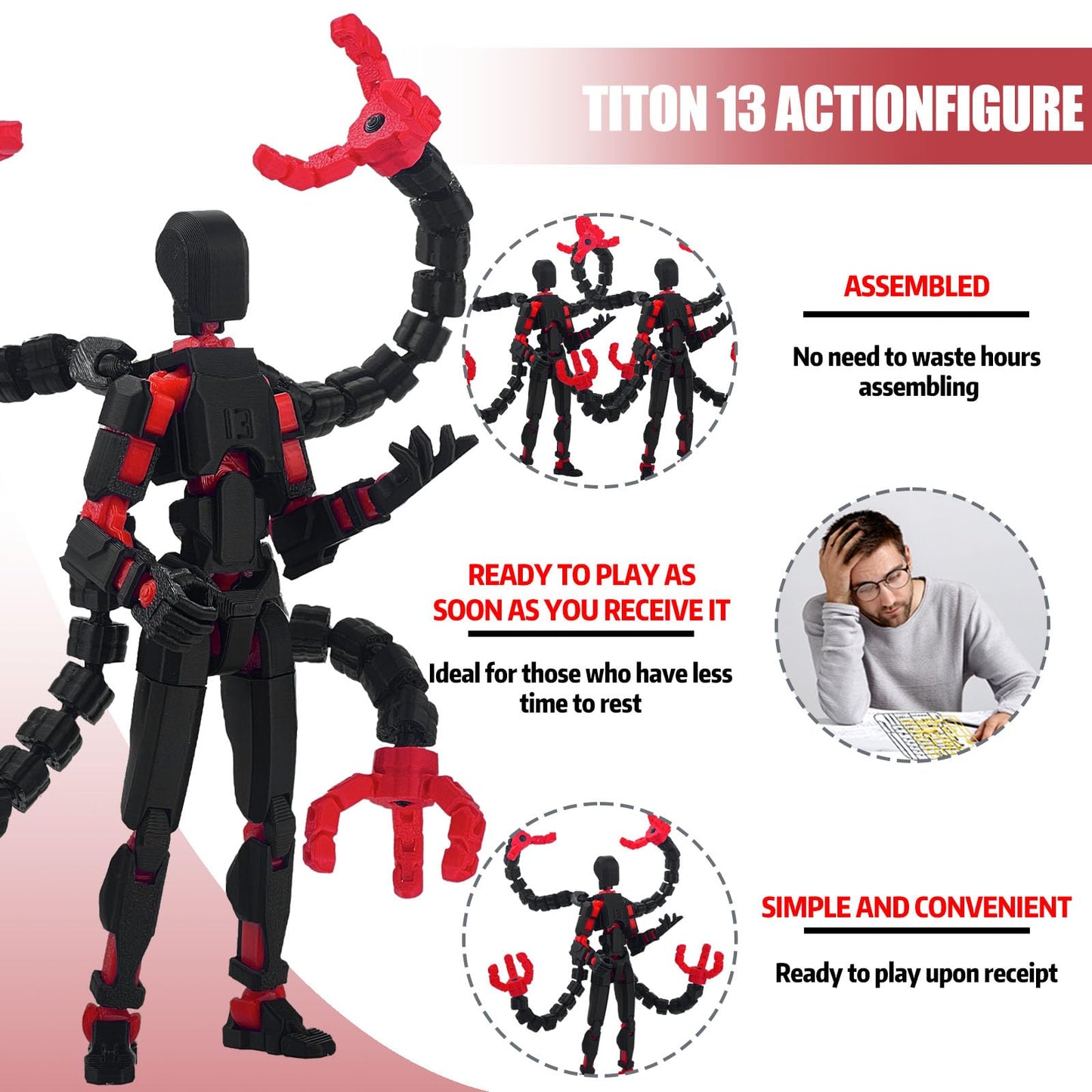 PkghoKids T13 Action Figure Accessories – Fully Articulated 3D Printed Toy, Black Red, 7.2in