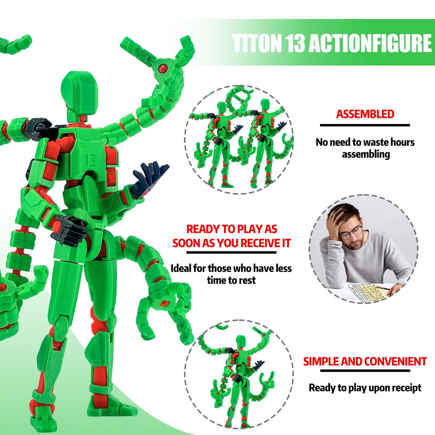 PkghoKids T13 Action Figure Accessories – Fully Articulated 3D Printed Toy, Green, 5.5-inch