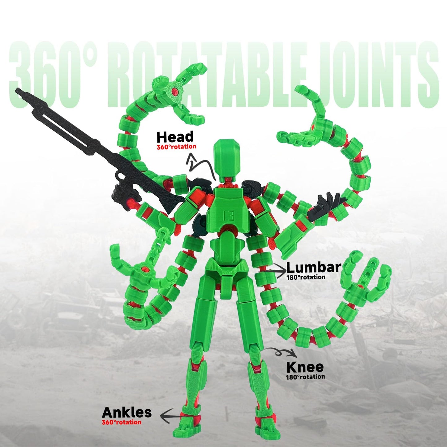 PkghoKids T13 Action Figure Accessories – Fully Articulated 3D Printed Toy, Green, 5.5-inch