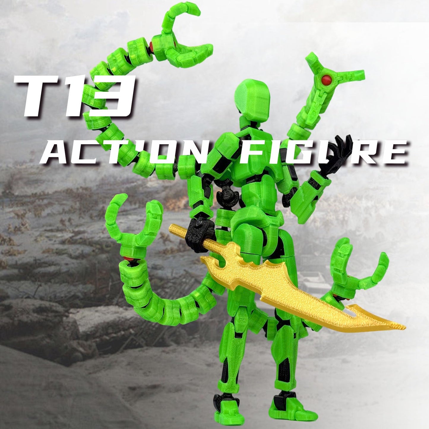 PkghoKids T13 Action Figure Accessories — Fully Jointed, 3D Printed, Luminous Green (7.2 Inch)