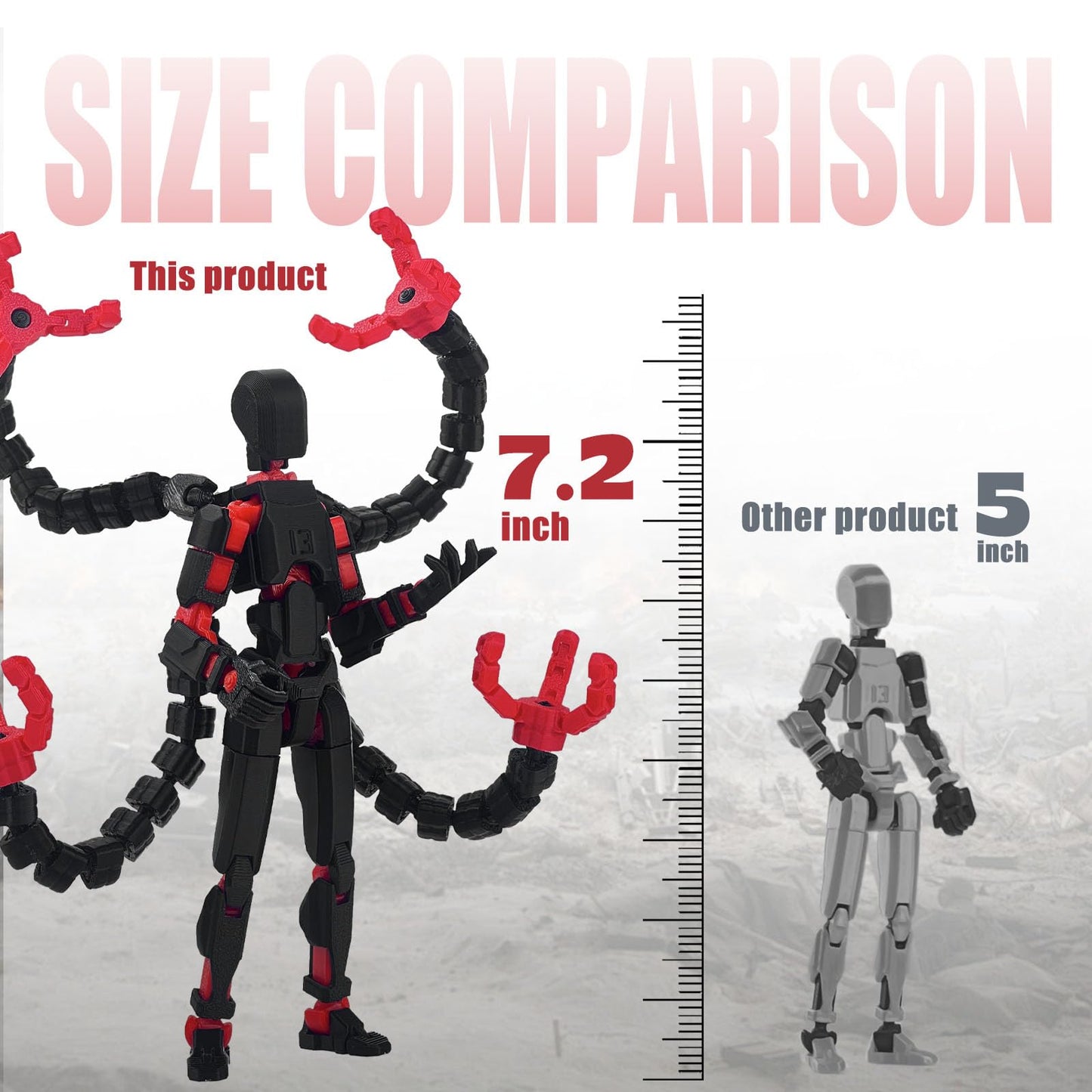 PkghoKids T13 Action Figure Accessories – Fully Articulated 3D Printed Toy, Black Red, 7.2in
