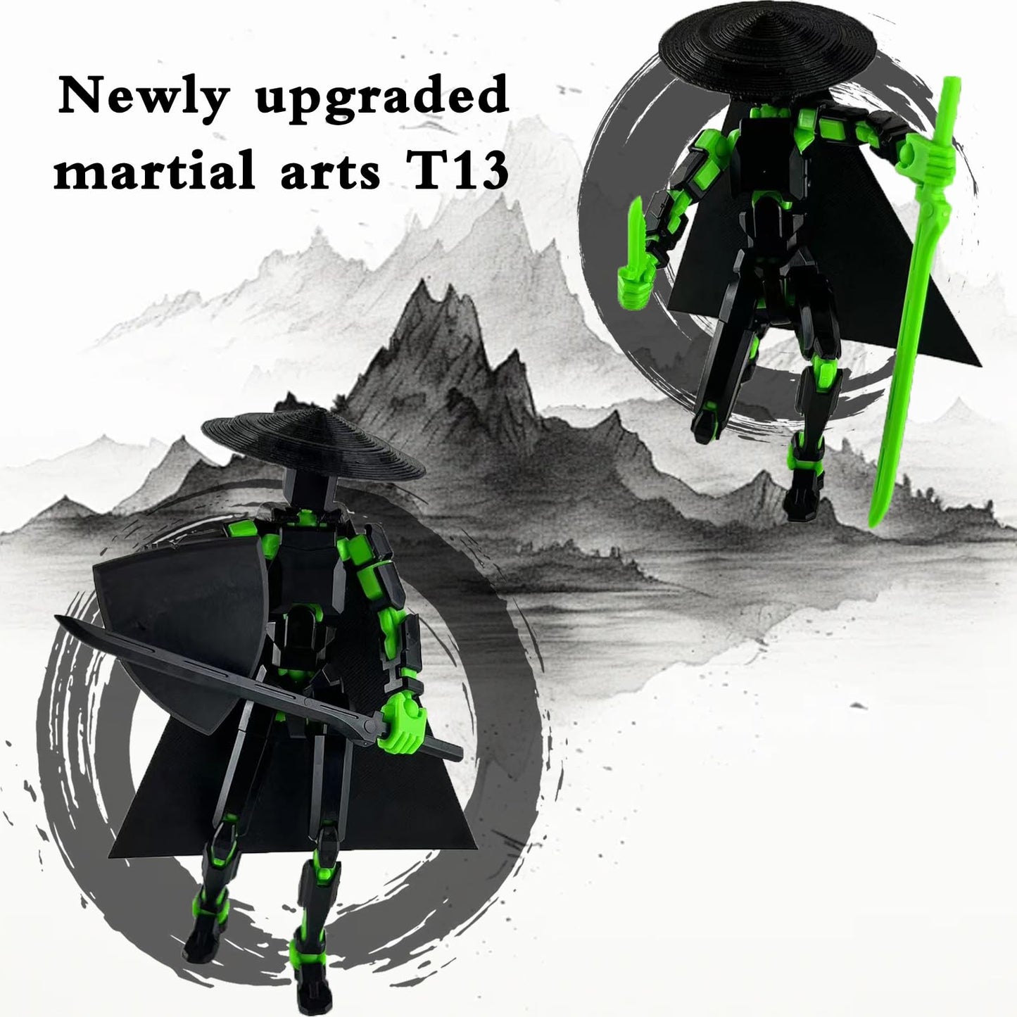 PkghoKids T13 Already Assembled Action Figure Accessories – Multi-Jointed 3D Printed Toys (Black Green)
