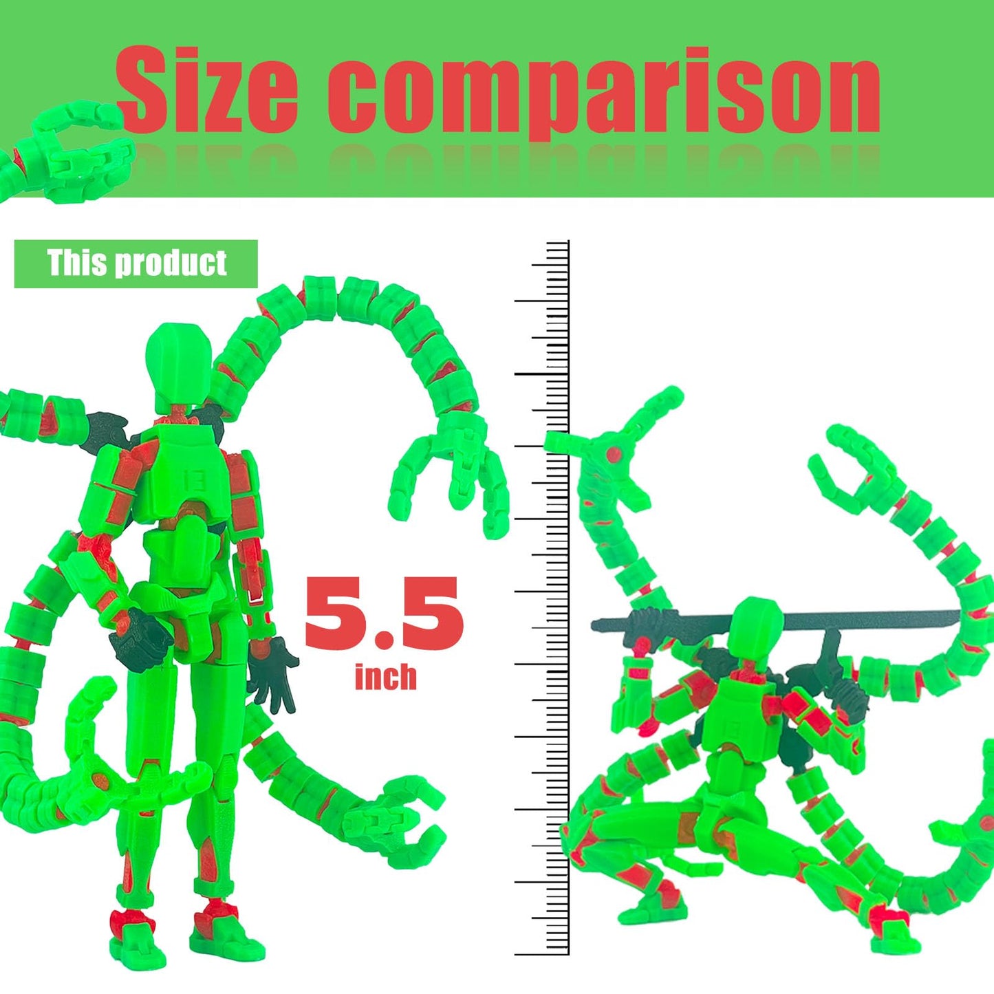 PkghoKids T13 Action Figure Accessories – Fully Articulated 3D Printed Toy, Green, 5.5-inch