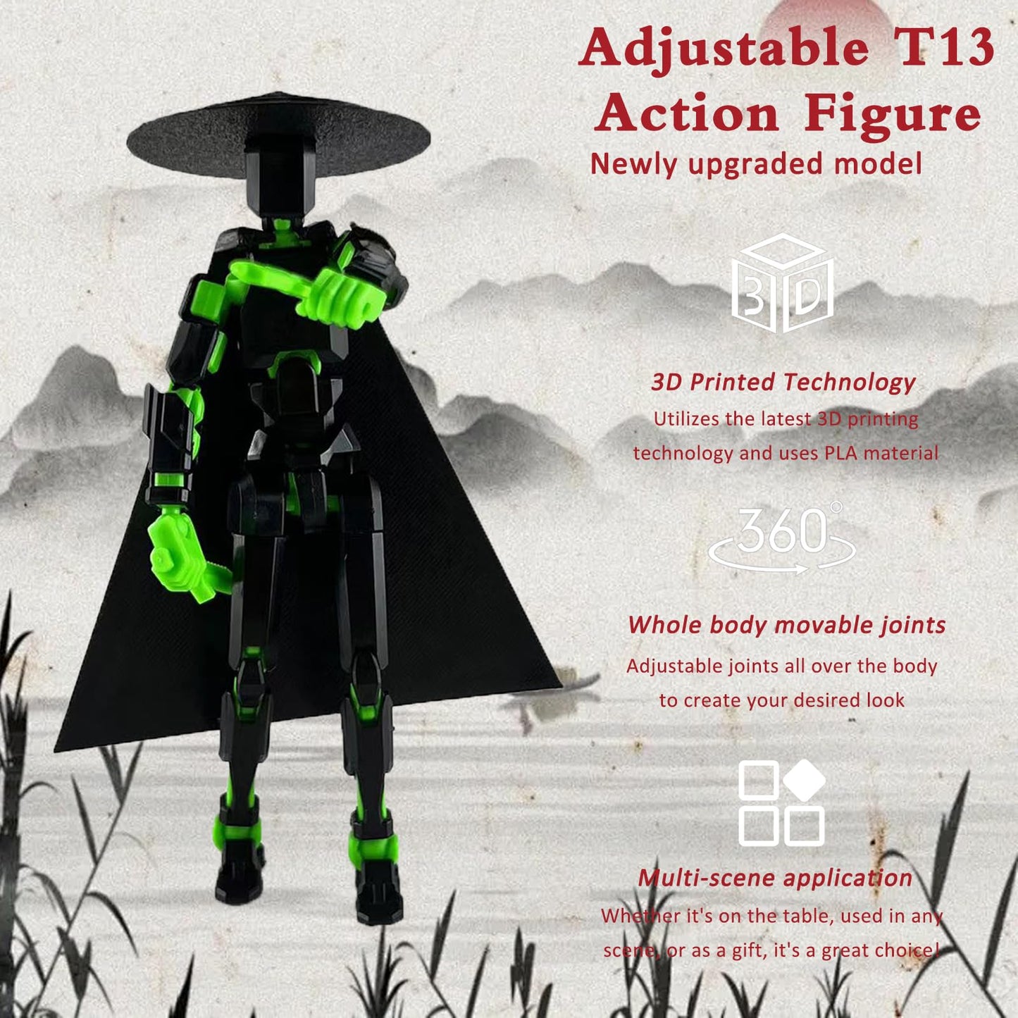 PkghoKids T13 Already Assembled Action Figure Accessories – Multi-Jointed 3D Printed Toys (Black Green)