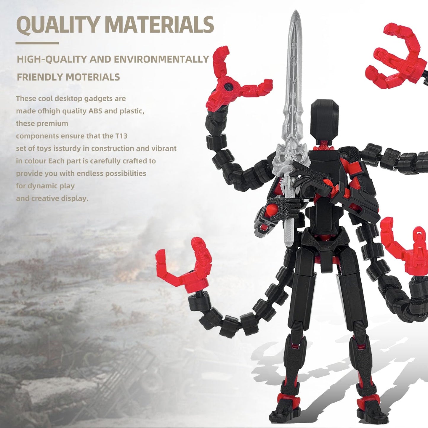 PkghoKids T13 Action Figure Accessories – Fully Articulated 3D Printed Toy, Black Red, 7.2in
