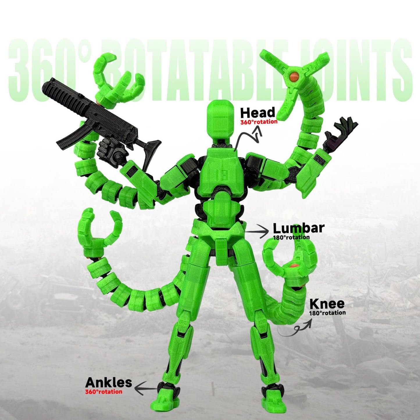 PkghoKids T13 Action Figure Accessories — Fully Jointed, 3D Printed, Luminous Green (7.2 Inch)