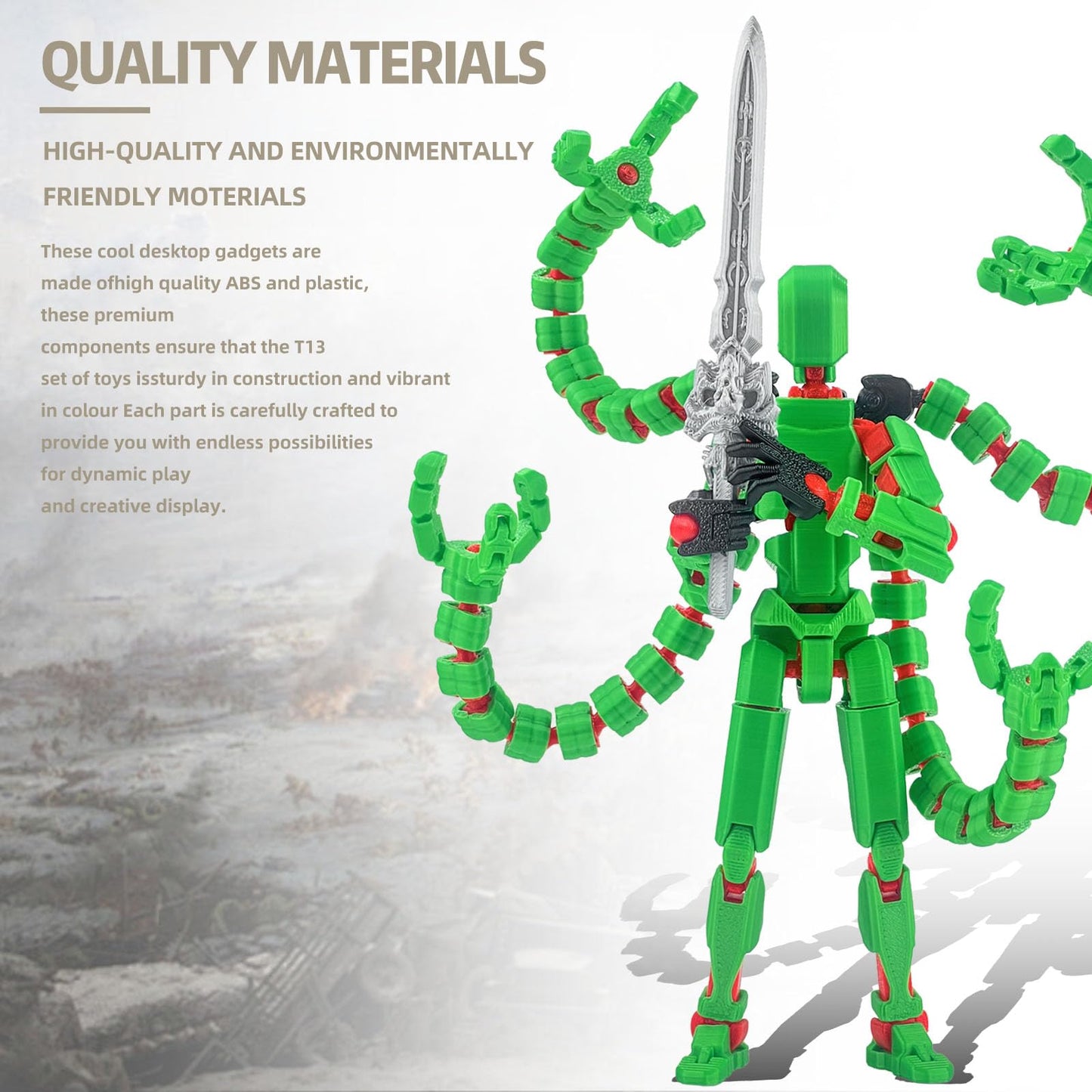 PkghoKids T13 Action Figure Accessories – Fully Articulated 3D Printed Toy, Green, 5.5-inch