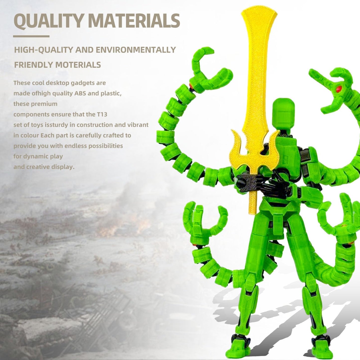 PkghoKids T13 Action Figure Accessories – Fully Articulated, 3D Printed, Luminous Green, 5.5-Inch