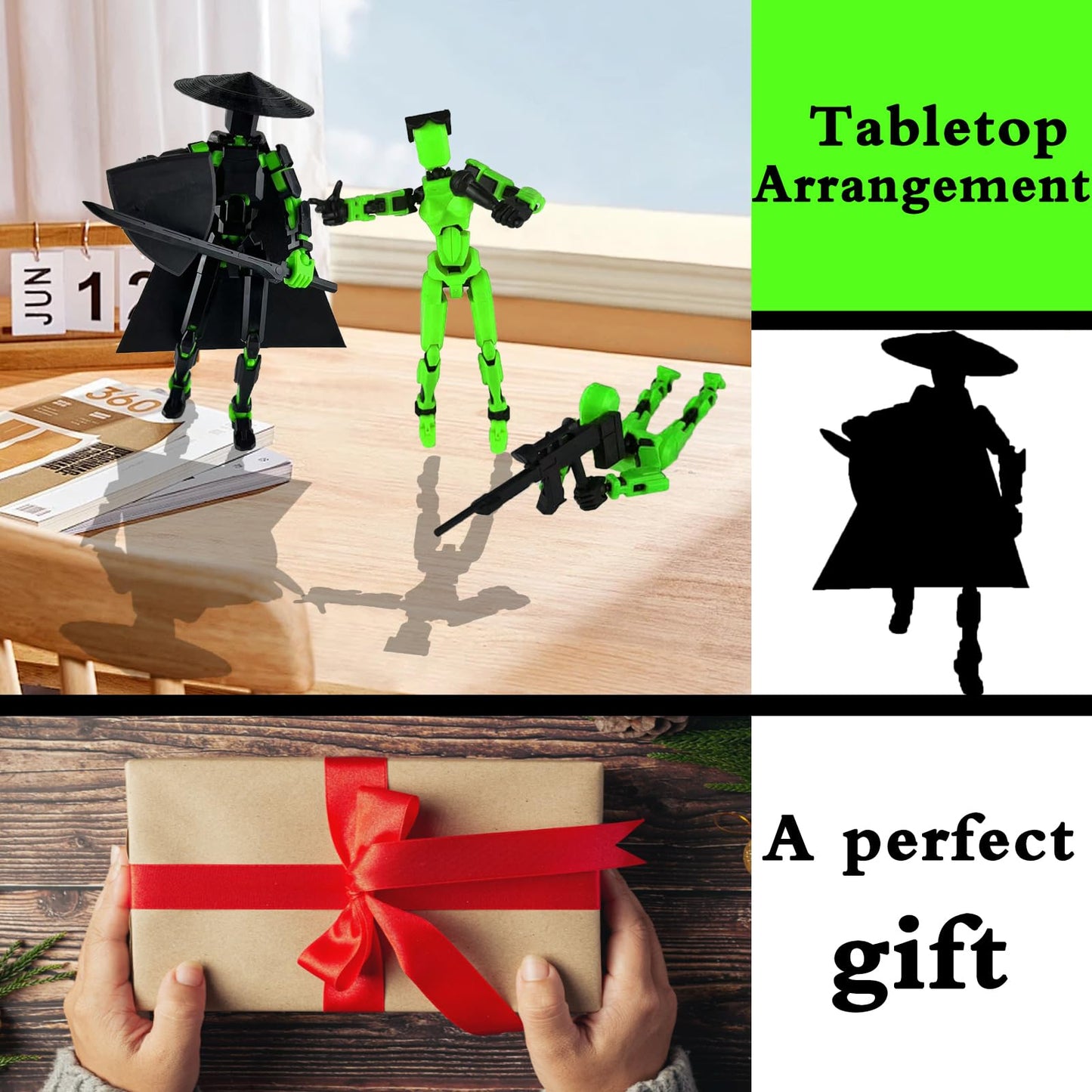 PkghoKids T13 Already Assembled Action Figure Accessories – Multi-Jointed 3D Printed Toys (Black Green)