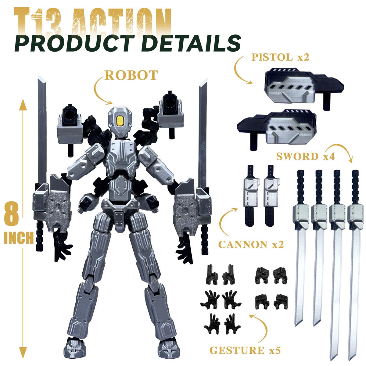 PkghoKids 8-Inch T13 Action Figure Set | Fully Articulated Nova T-13 Desktop Decor