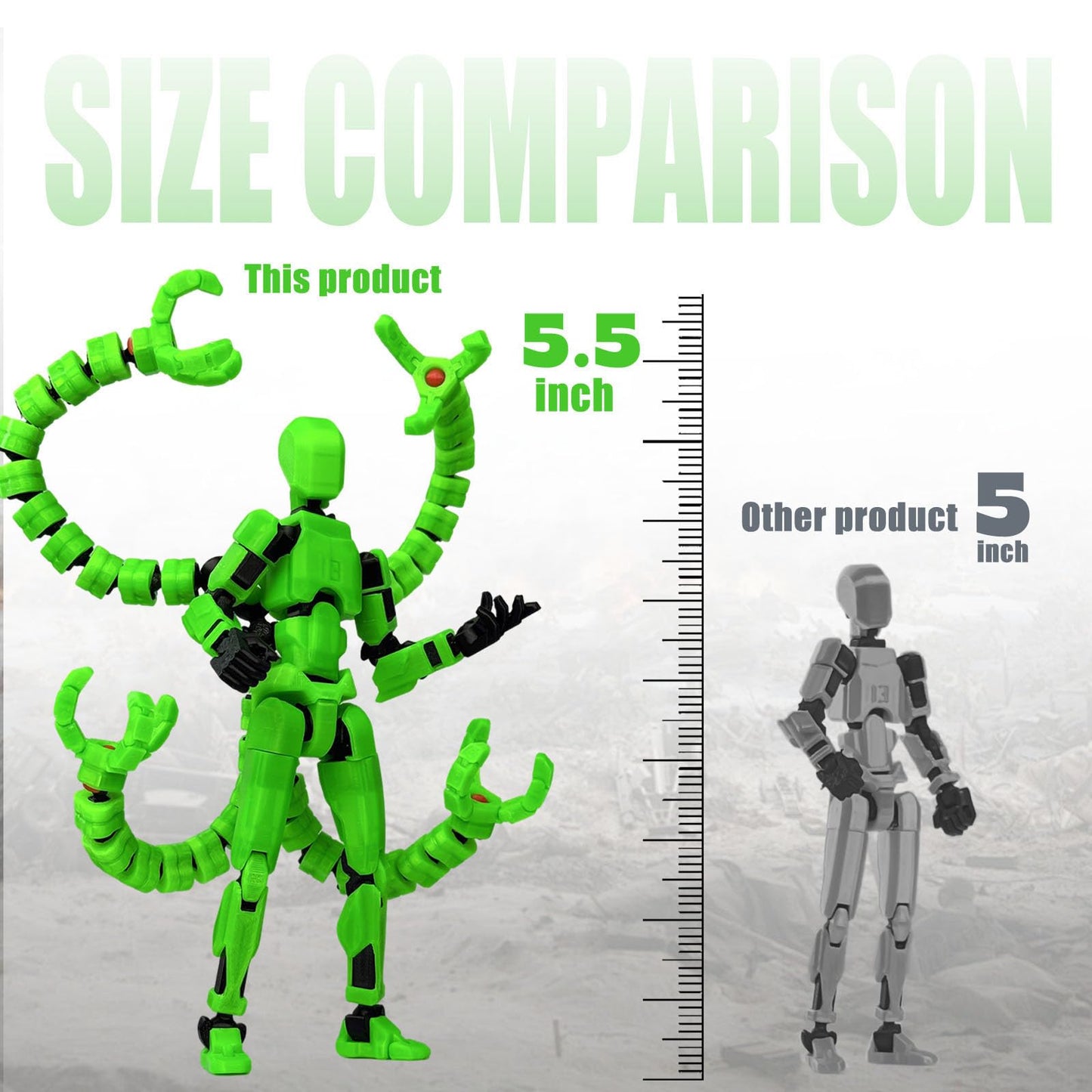 PkghoKids T13 Action Figure Accessories – Fully Articulated, 3D Printed, Luminous Green, 5.5-Inch