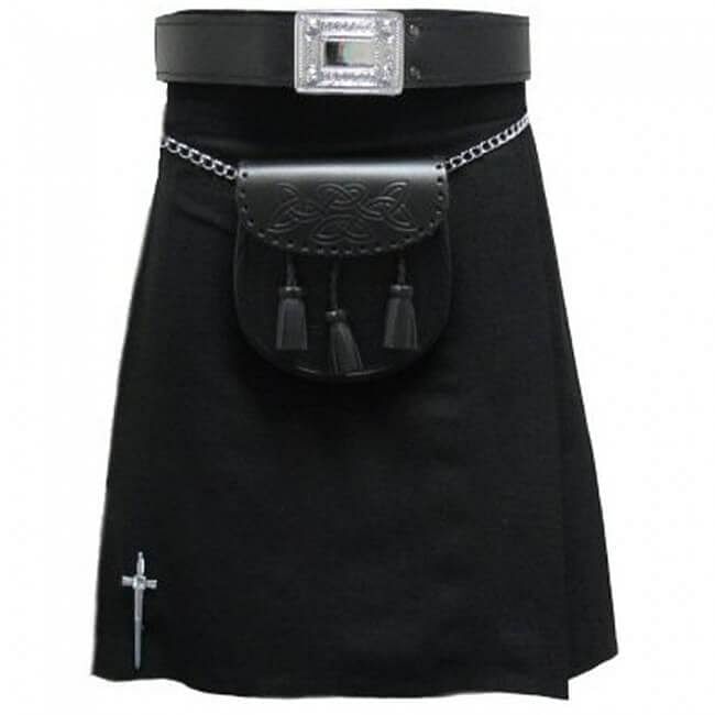 Plain Black Tartan Traditional Scottish Men's Kilt Outfit Pin, Buckle, Belt, Sporran Set