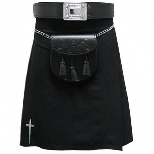 Plain Black Tartan Traditional Scottish Men's Kilt Outfit Pin, Buckle, Belt, Sporran Set