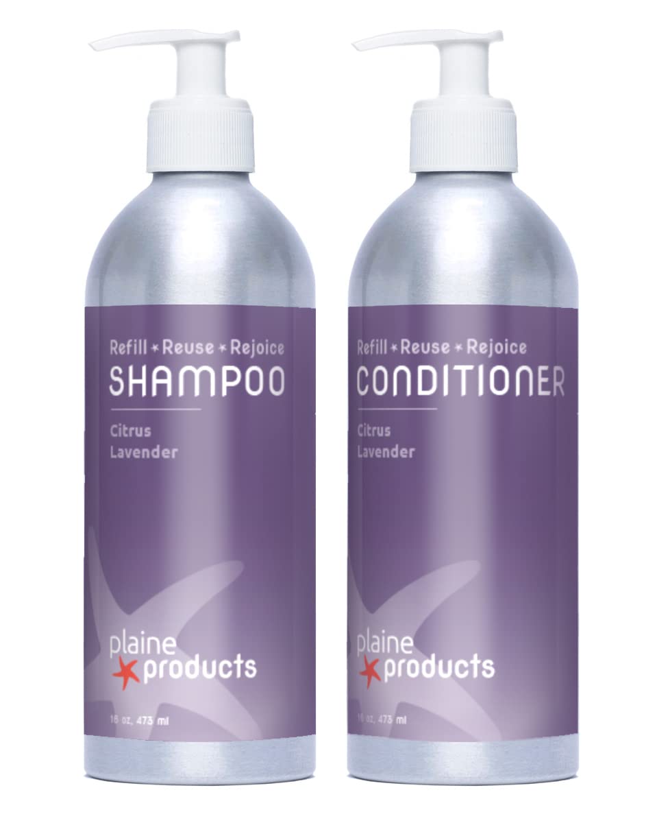 Plaine Products Eco-Friendly Citrus Lavender Shampoo & Conditioner – Refillable Aluminum Bottles, 16oz