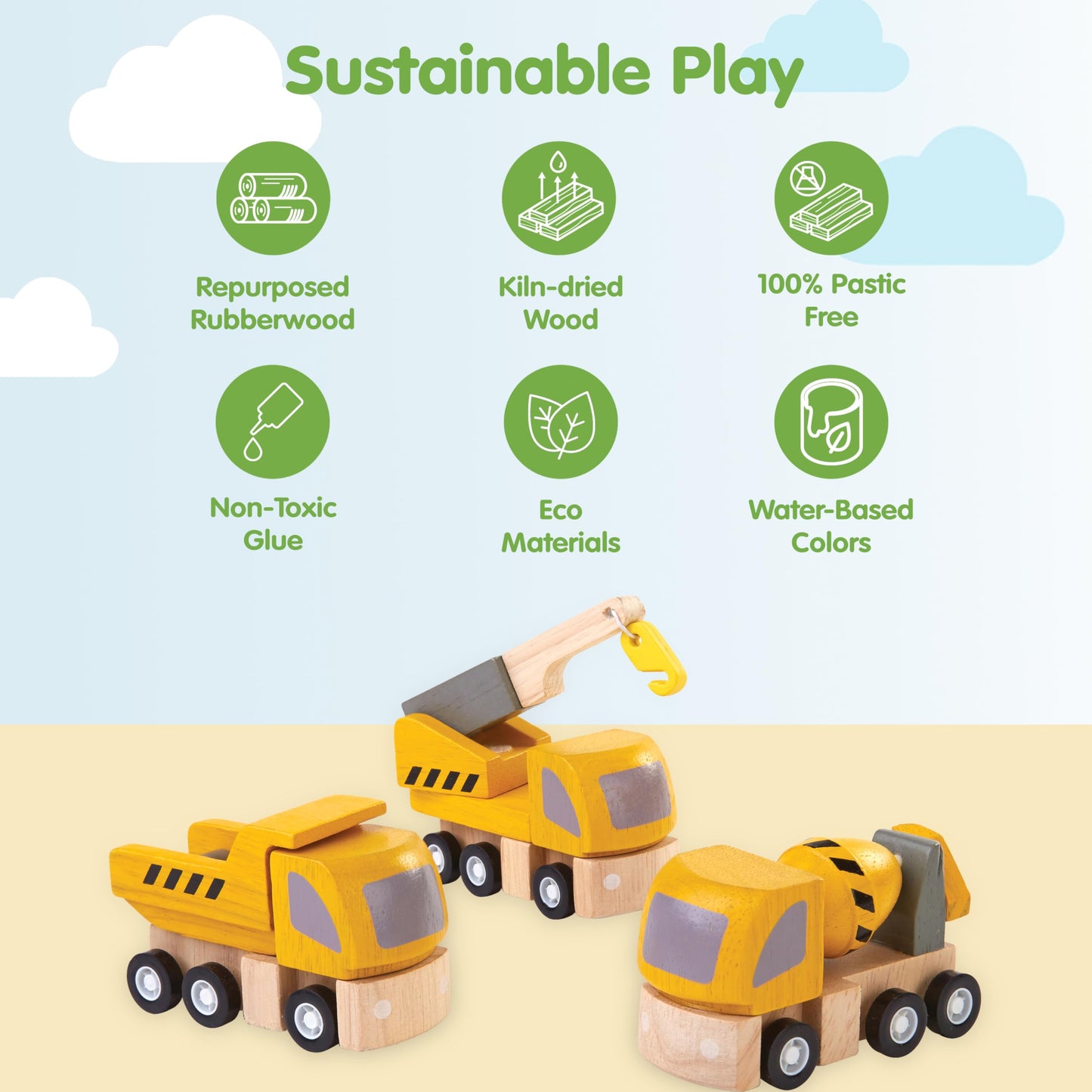PlanToys Highway Maintenance: Wooden Montessori Vehicle Set for Imaginative Play