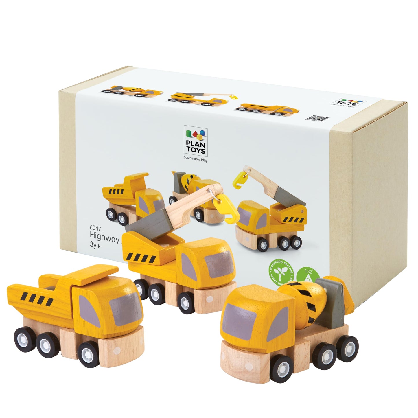 PlanToys Highway Maintenance: Wooden Montessori Vehicle Set for Imaginative Play