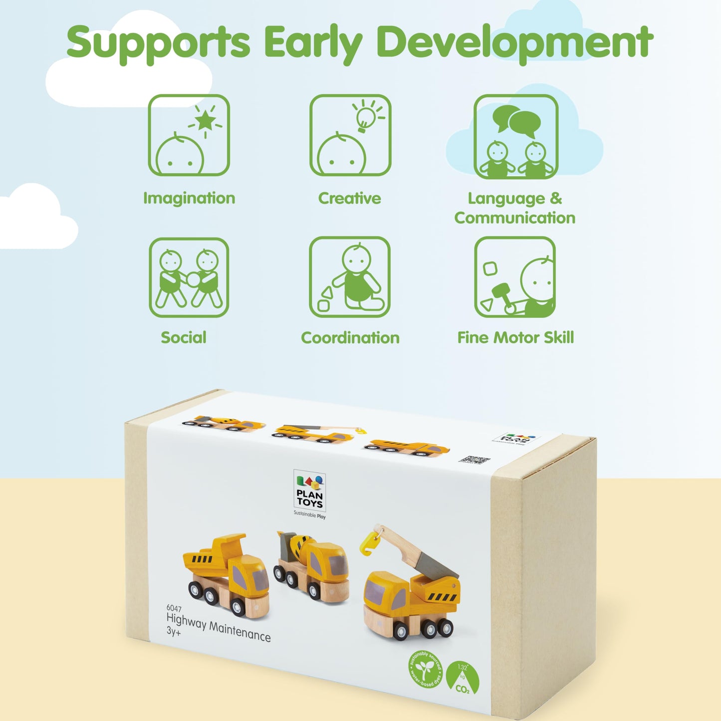 PlanToys Highway Maintenance: Wooden Montessori Vehicle Set for Imaginative Play