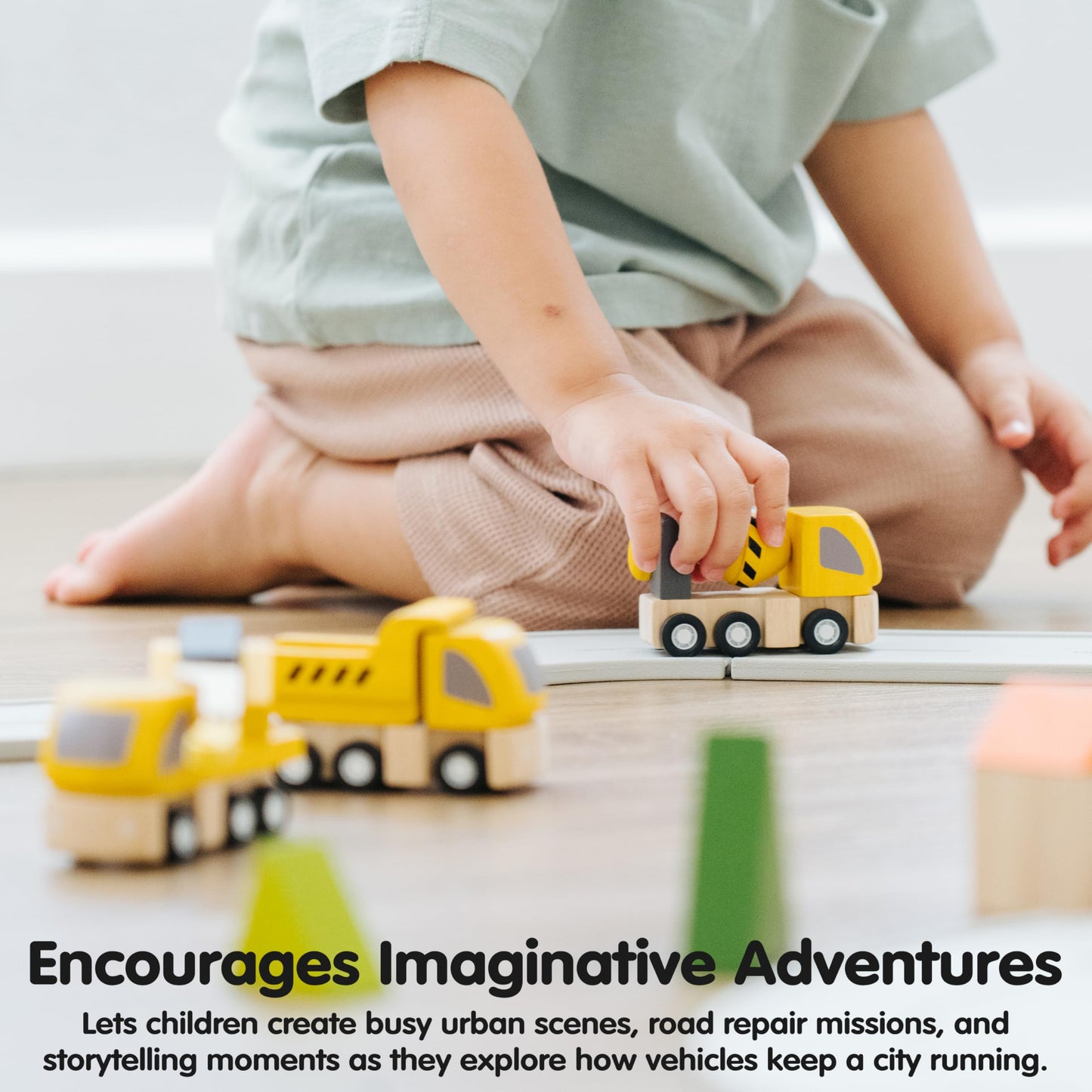 PlanToys Highway Maintenance: Wooden Montessori Vehicle Set for Imaginative Play