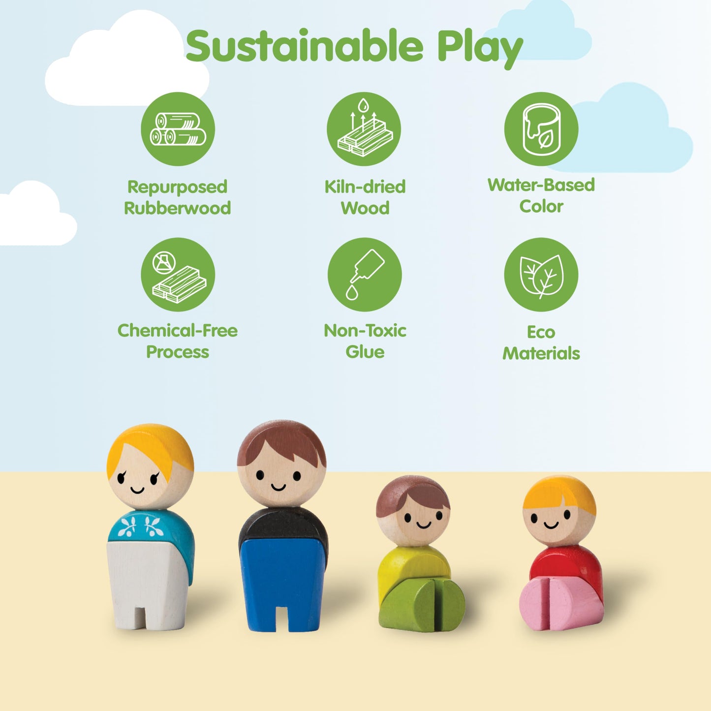 PlanToys PlanWorld Family Set – 4 Poseable Wooden Figures for PlanCity & PlanWorld
