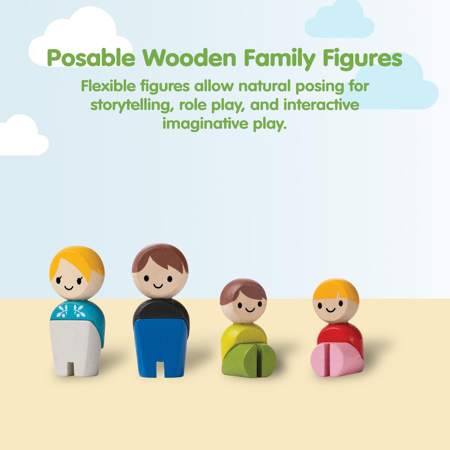 PlanToys PlanWorld Family Set – 4 Poseable Wooden Figures for PlanCity & PlanWorld