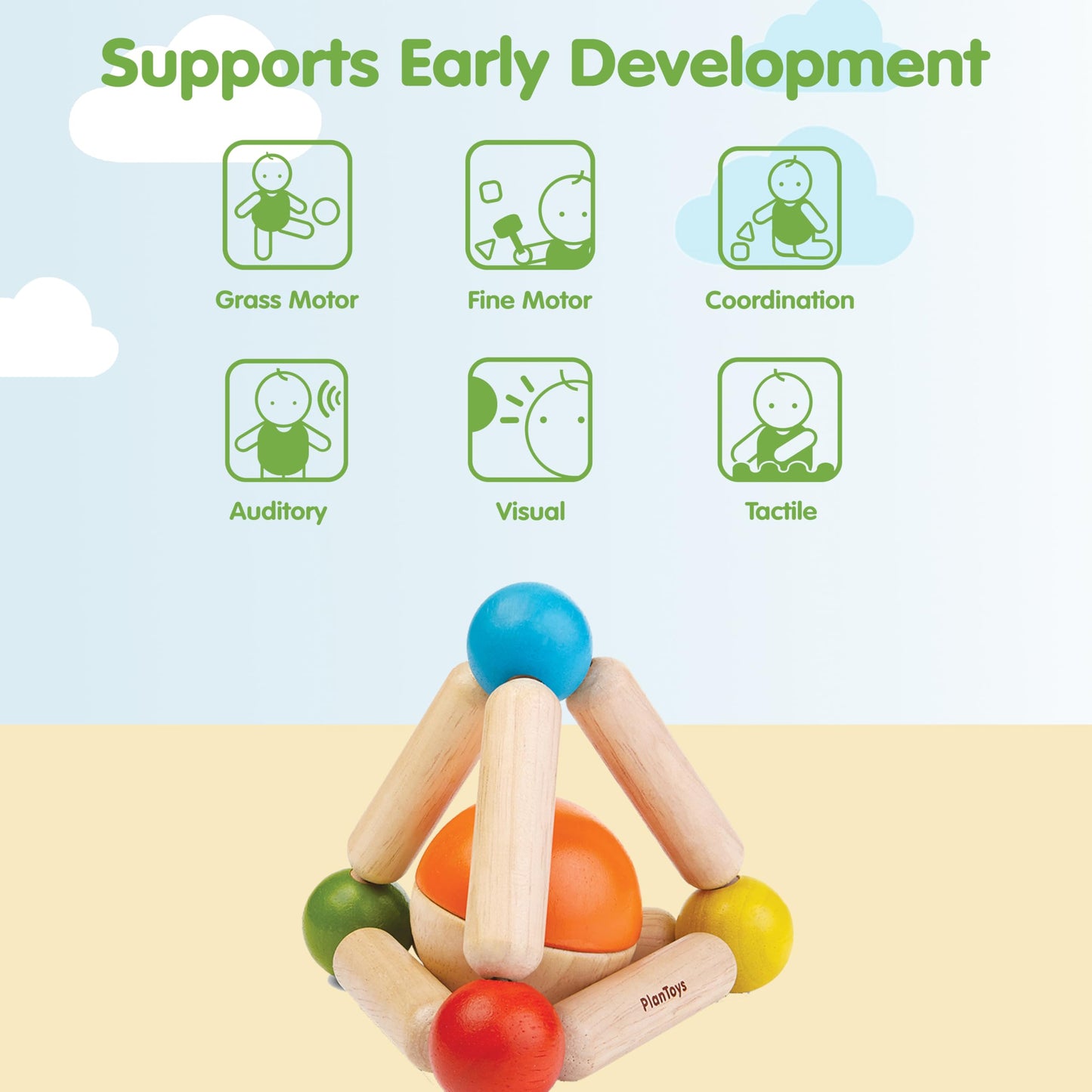 PlanToys Wooden Clutching Triangle Baby Toy with Gentle Sound – 5244 | Rubberwood & Non-Toxic Finish
