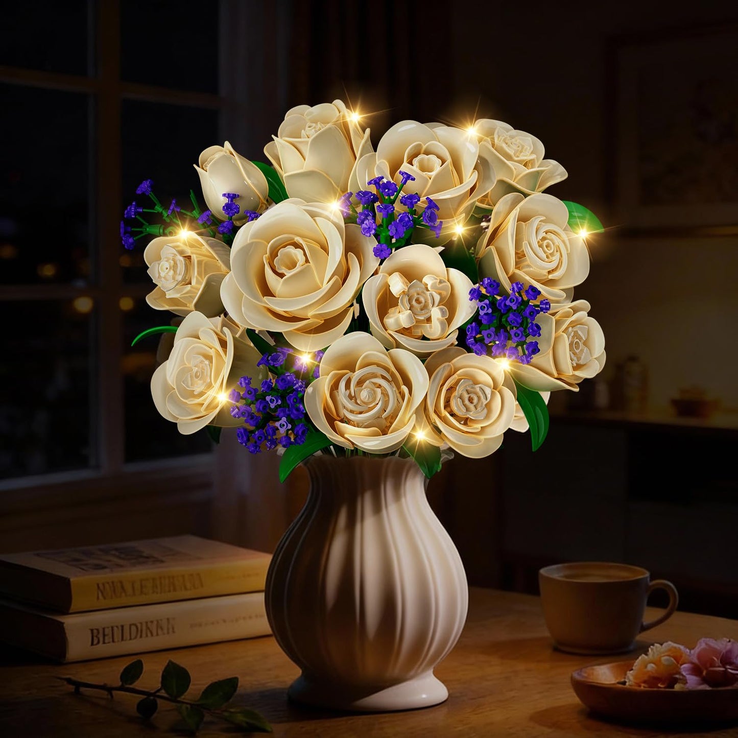 PLAXSOON Champagne Rose Bouquet Building Set with Lights - 523PCS