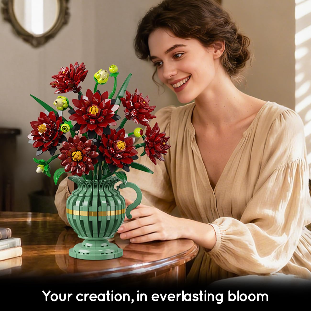 PLAXSOON Dahlia Flowers Building Set with Vase – Gothic 1482 PCS Bonsai Kit