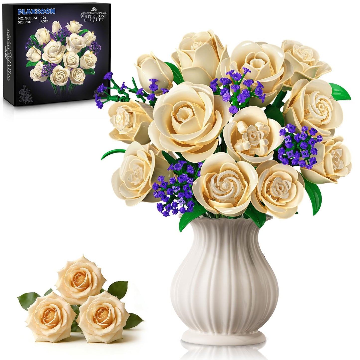 PLAXSOON Champagne Rose Bouquet Building Set with Lights - 523PCS