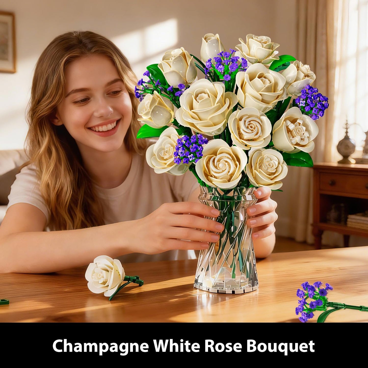 PLAXSOON Champagne Rose Bouquet Building Set with Lights - 523PCS