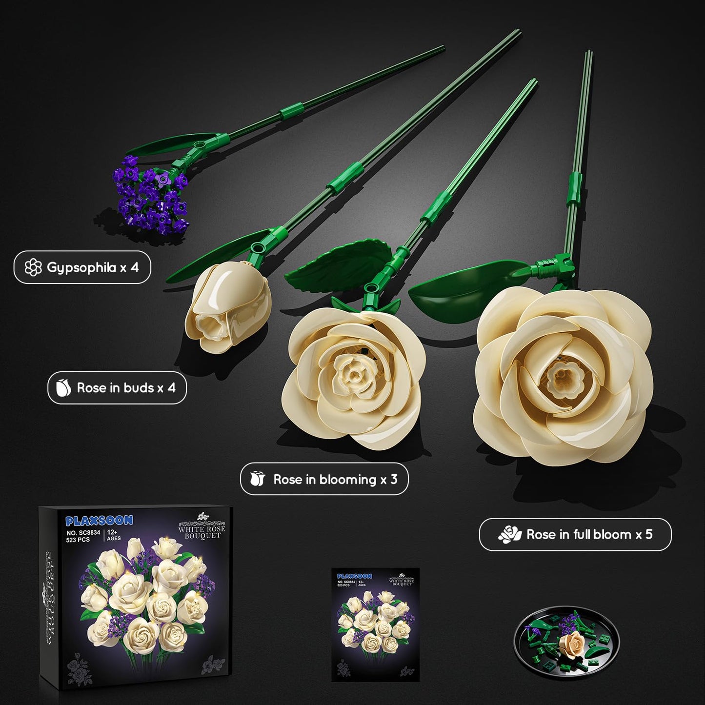 PLAXSOON Champagne Rose Bouquet Building Set with Lights - 523PCS