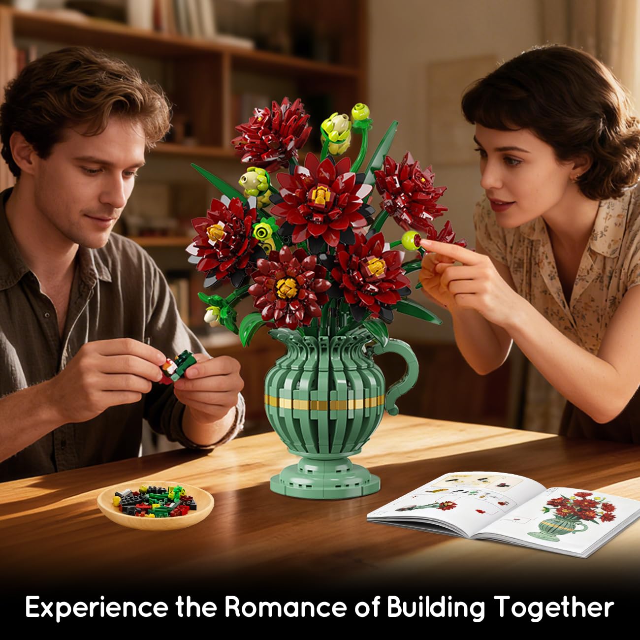 PLAXSOON Dahlia Flowers Building Set with Vase – Gothic 1482 PCS Bonsai Kit