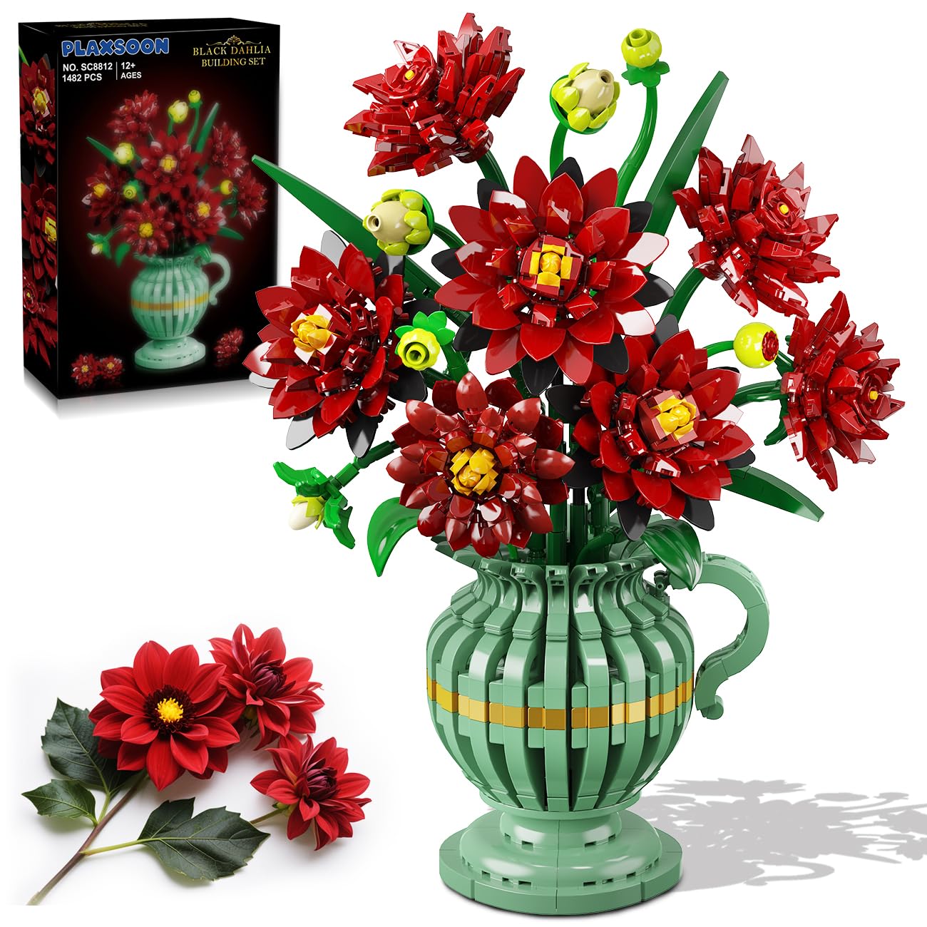 PLAXSOON Dahlia Flowers Building Set with Vase – Gothic 1482 PCS Bonsai Kit