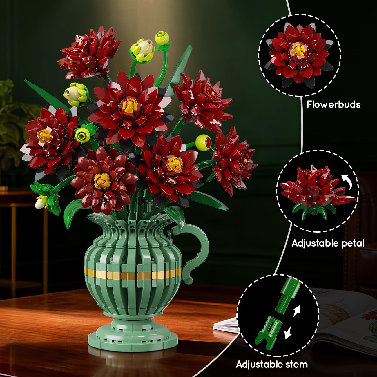 PLAXSOON Dahlia Flowers Building Set with Vase – Gothic 1482 PCS Bonsai Kit