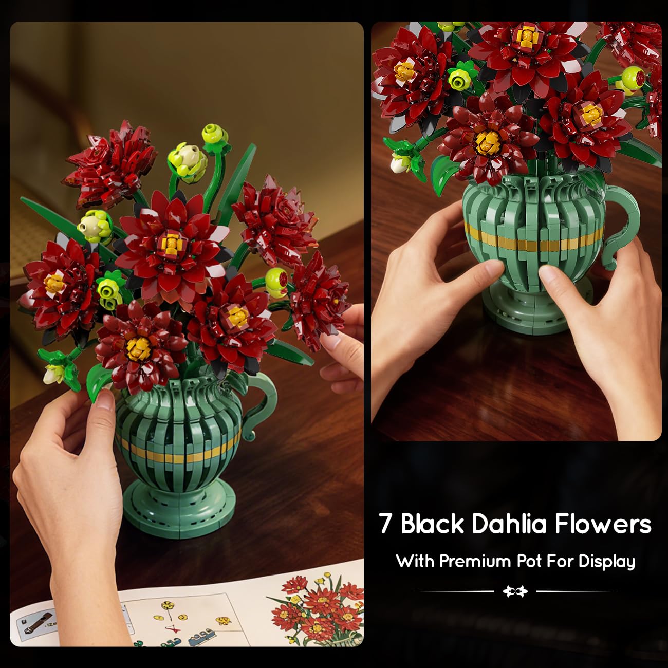 PLAXSOON Dahlia Flowers Building Set with Vase – Gothic 1482 PCS Bonsai Kit