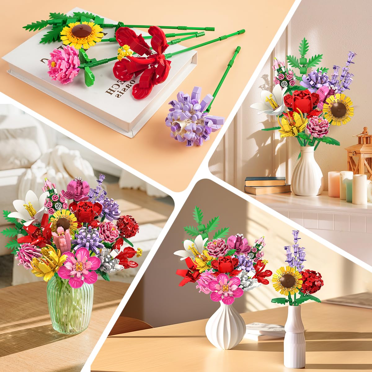 PLAXSOON Flower Bouquet Building Set - 1464 PCS, 18 Realistic Flowers for Home Decor & Gifts