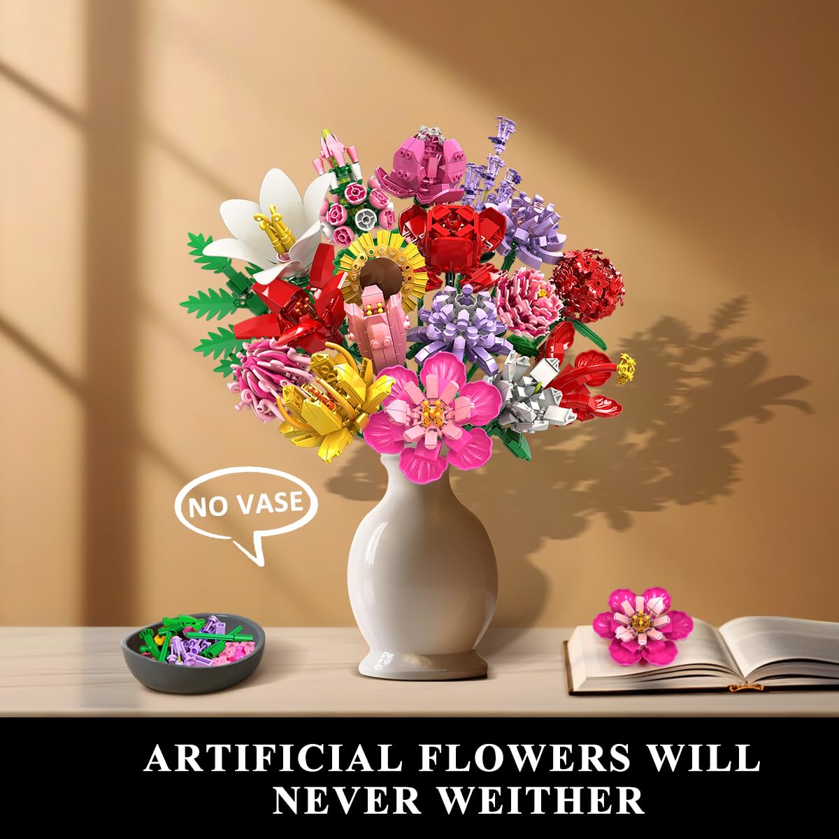 PLAXSOON Flower Bouquet Building Set - 1464 PCS, 18 Realistic Flowers for Home Decor & Gifts